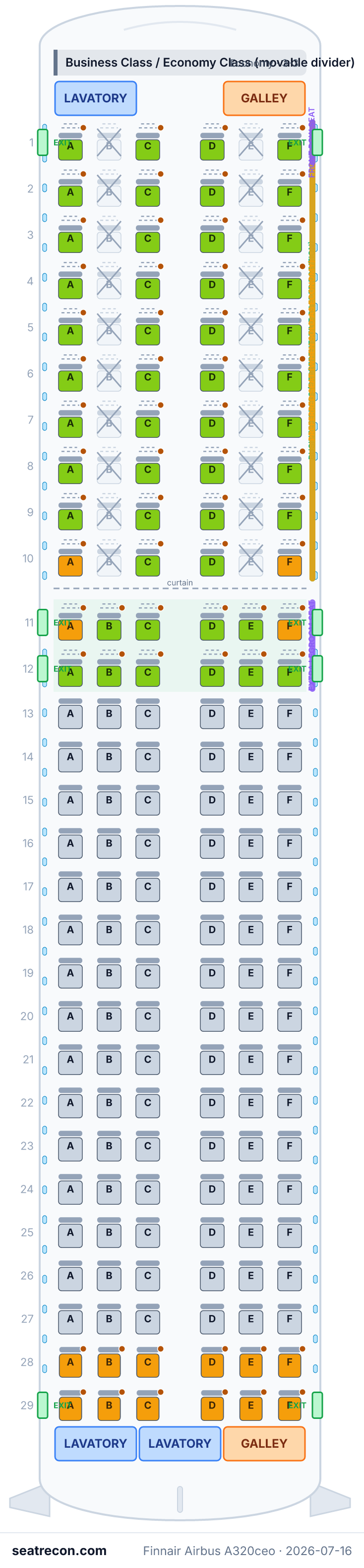 Finnair Airbus A320ceo seat map diagram — Business Class / Economy Class (movable divider) (174 seats)