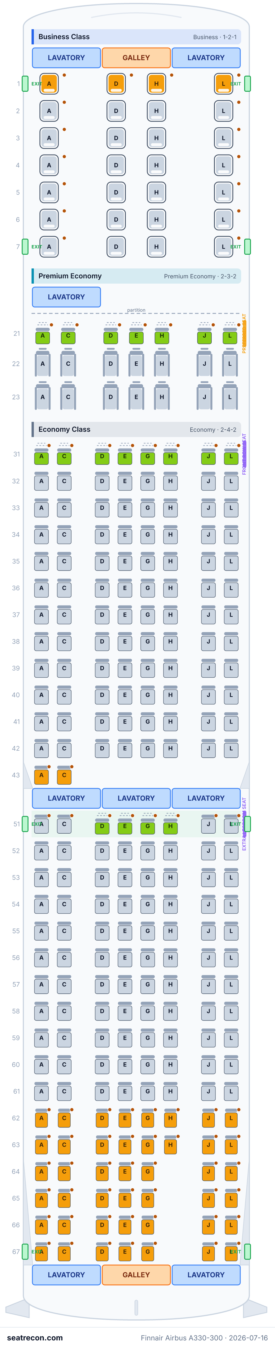 Finnair Airbus A330-300 seat map diagram — Business Class, Premium Economy, Economy Class (279 seats)