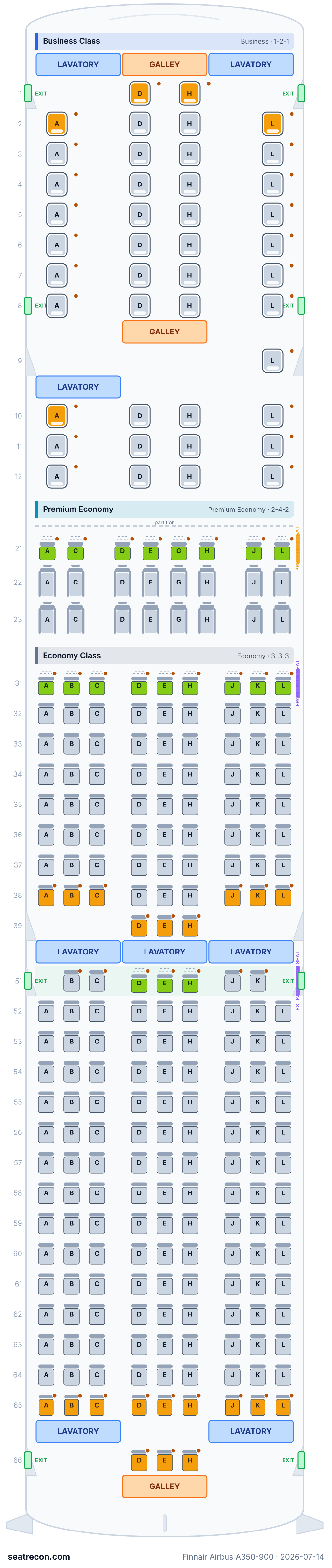 Finnair Airbus A350-900 seat map diagram — Business Class, Premium Economy, Economy Class (278 seats)