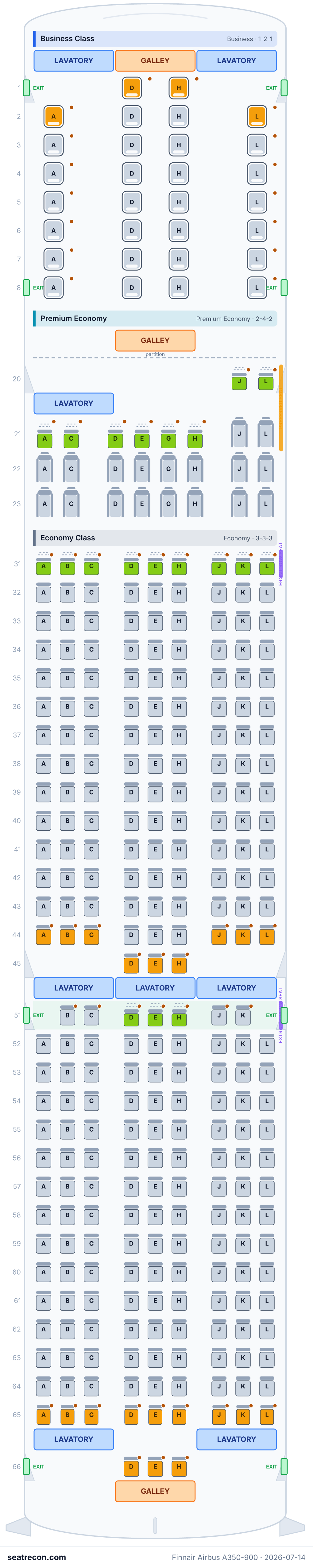 Finnair Airbus A350-900 seat map diagram — Business Class, Premium Economy, Economy Class (321 seats)