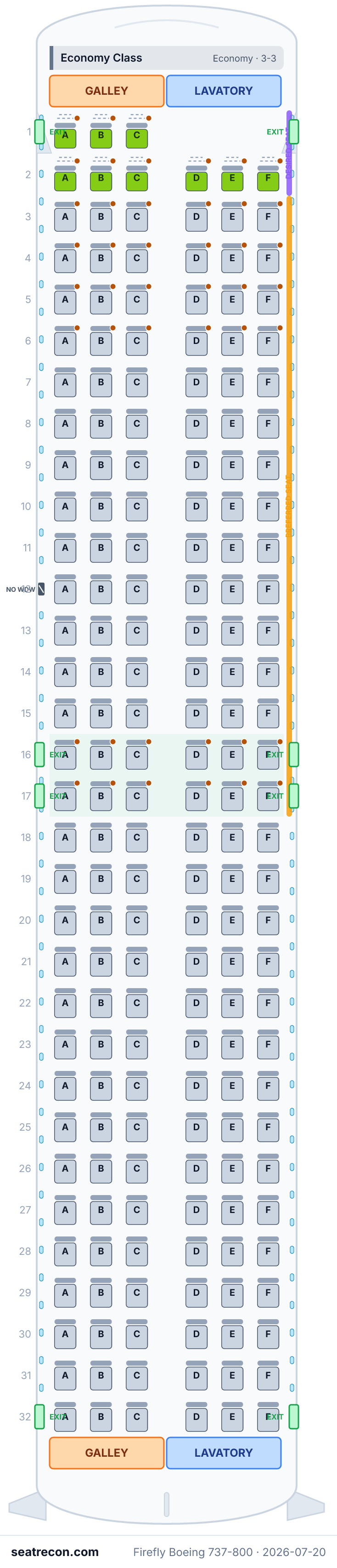 Mapa de asientos del Boeing 737-800 de Firefly (9N/180Y)