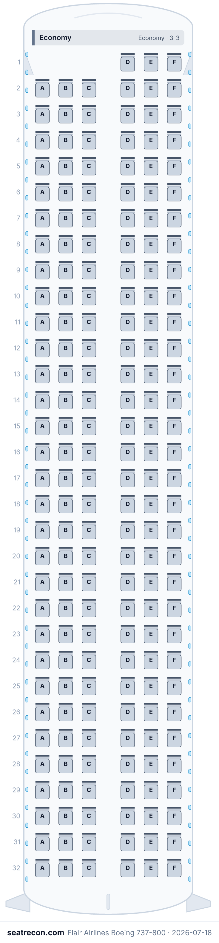 Flair Airlines Boeing 737-800 seat map diagram — Economy (189 seats)