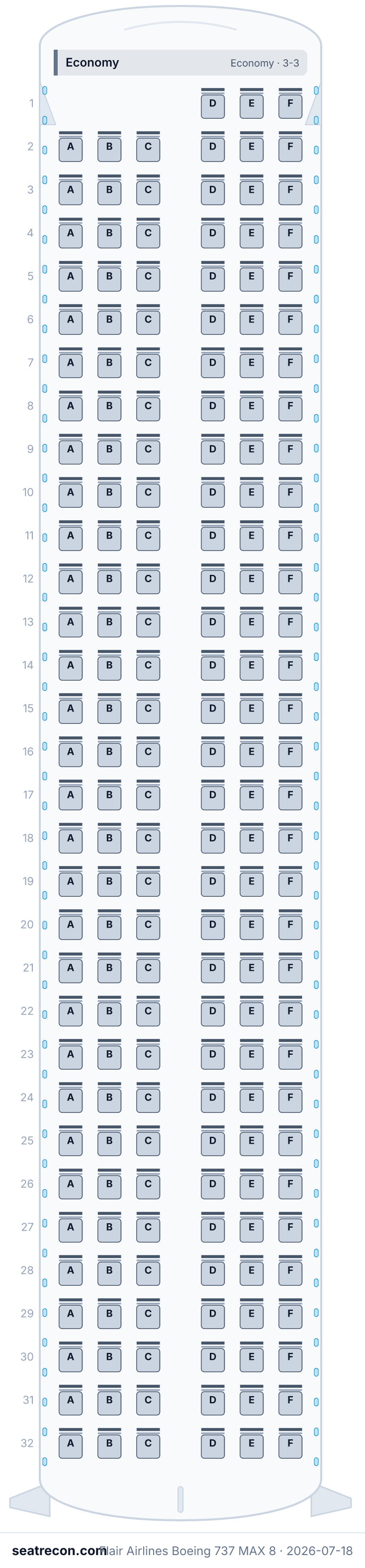 Flair Airlines Boeing 737 MAX 8 seat map diagram — Economy (189 seats)