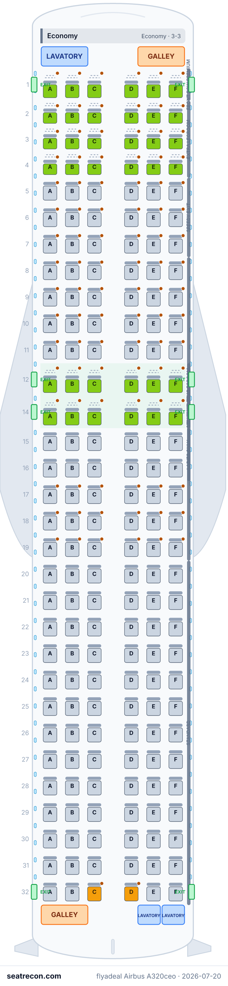 flyadeal Airbus A320ceo seat map (36N/150Y)