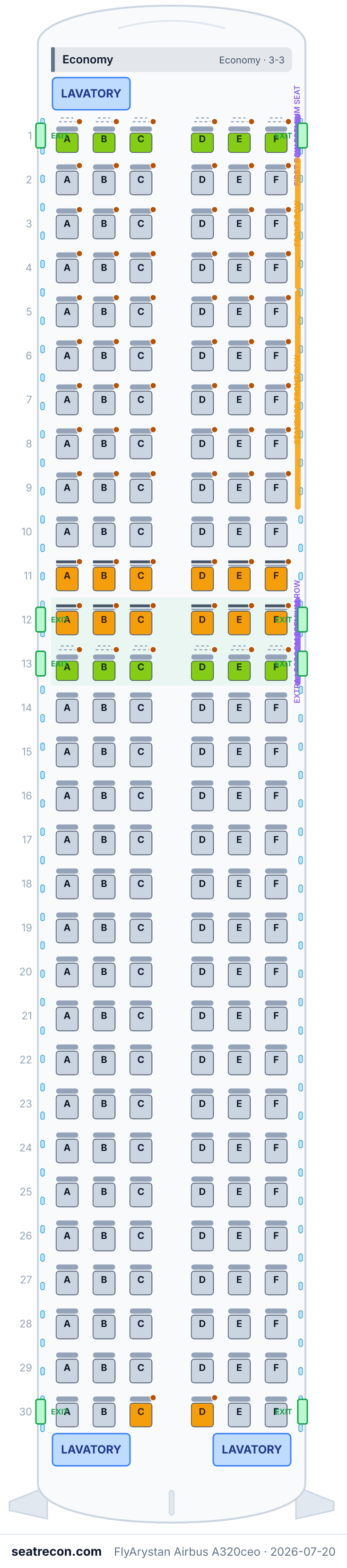 FlyArystan Airbus A320ceo seat map (18N/162Y)
