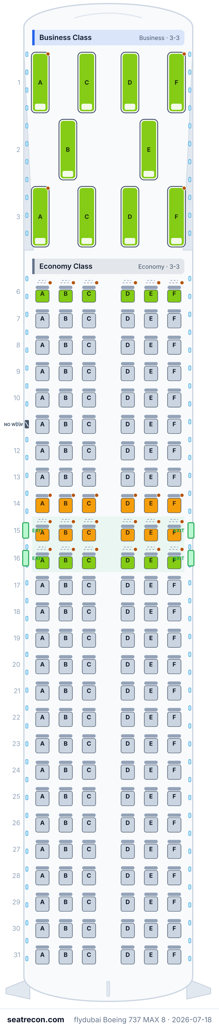 flydubai Boeing 737 MAX 8 seat map diagram — Business Class, Economy Class (166 seats)