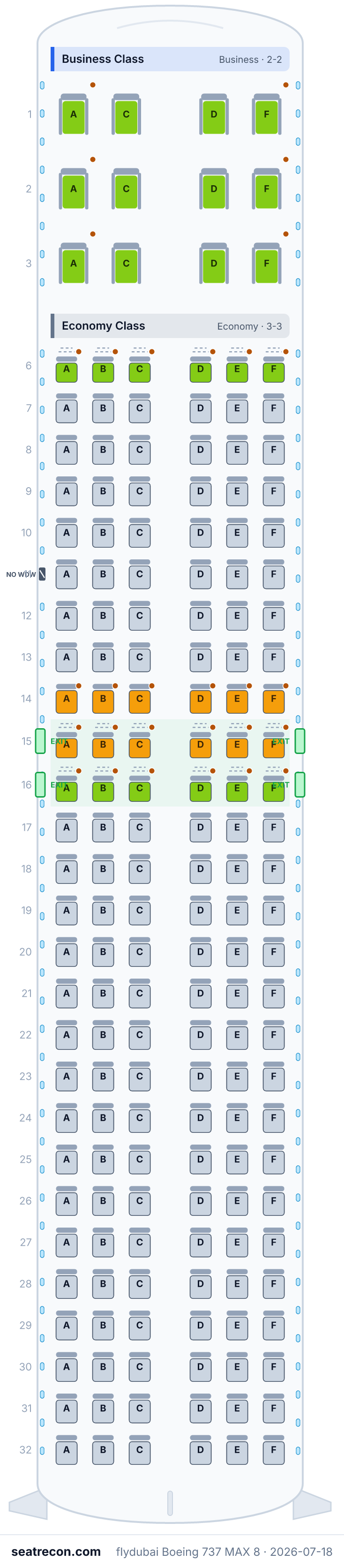 flydubai Boeing 737 MAX 8 seat map diagram — Business Class, Economy Class (174 seats)