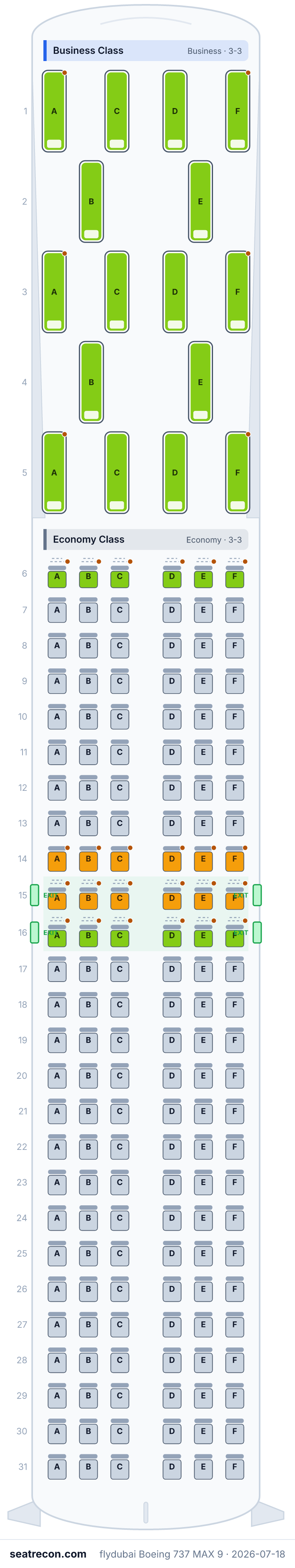 flydubai Boeing 737 MAX 9 seat map diagram — Business Class, Economy Class (172 seats)