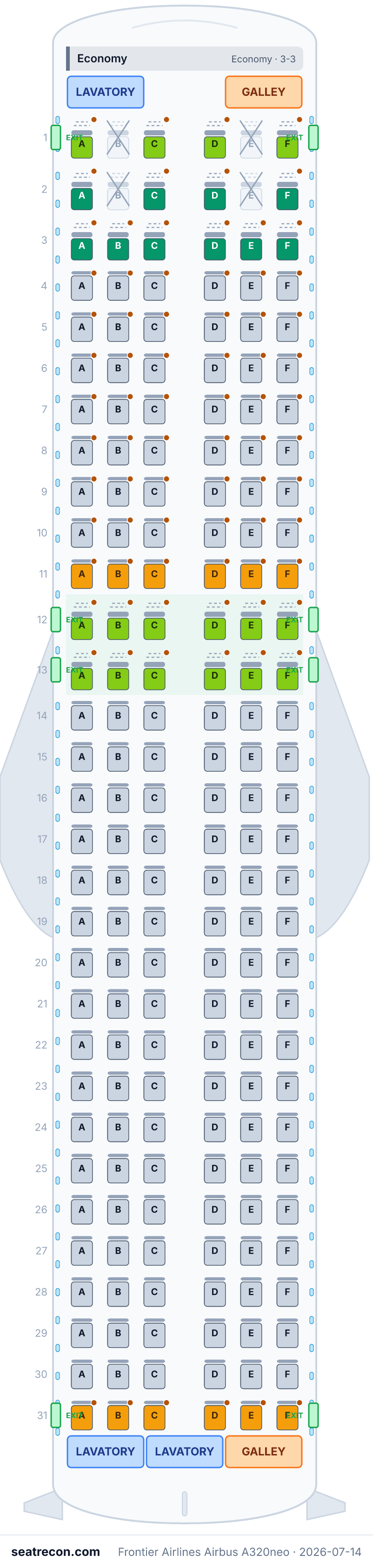 Frontier Airlines Airbus A320neo seat map diagram — Economy (186 seats)