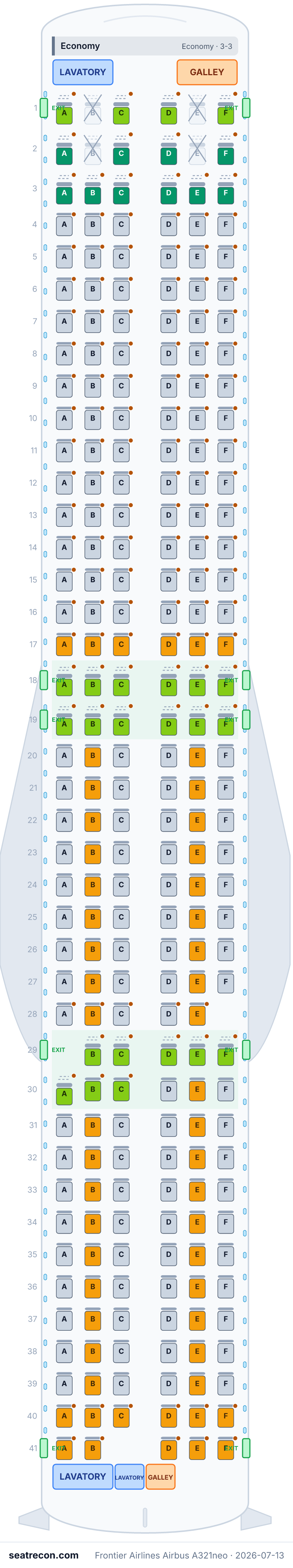 Frontier Airlines Airbus A321neo seat map diagram — Economy (243 seats)