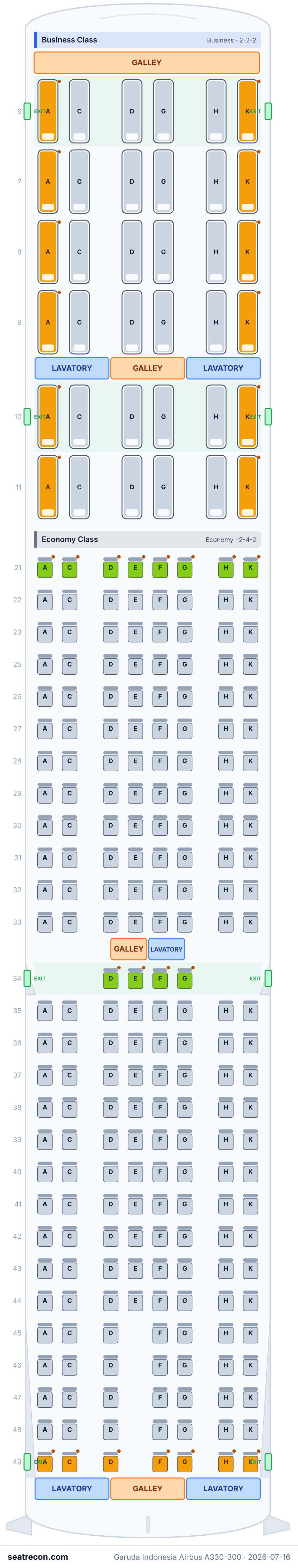 Garuda Indonesia Airbus A330-300 seat map diagram — Business Class, Economy Class (251 seats)