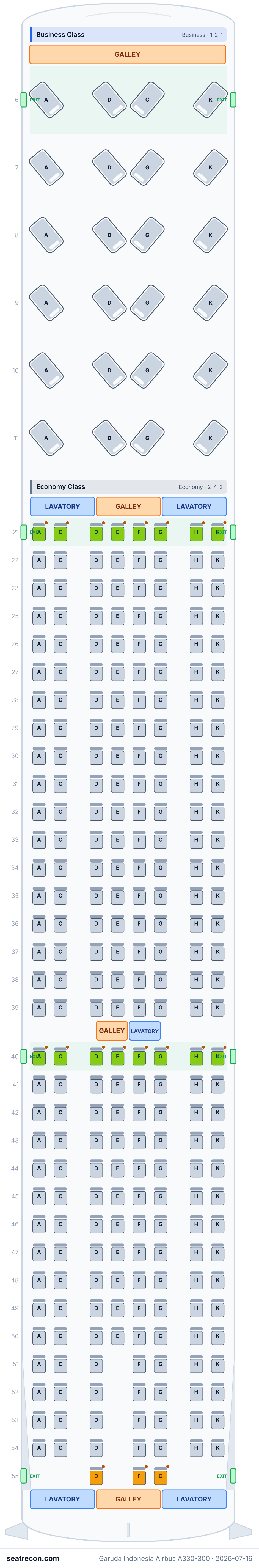 Garuda Indonesia Airbus A330-300 seat map diagram — Business Class, Economy Class (287 seats)