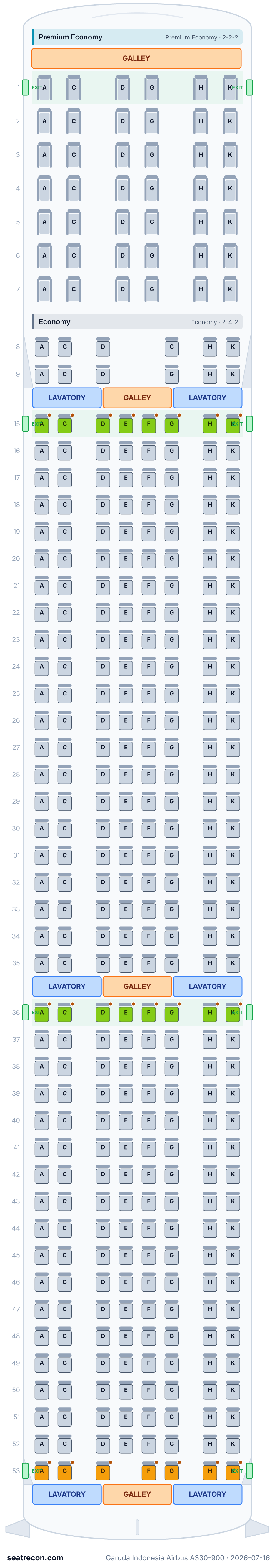 Garuda Indonesia Airbus A330-900 seat map diagram — Premium Economy, Economy (365 seats)