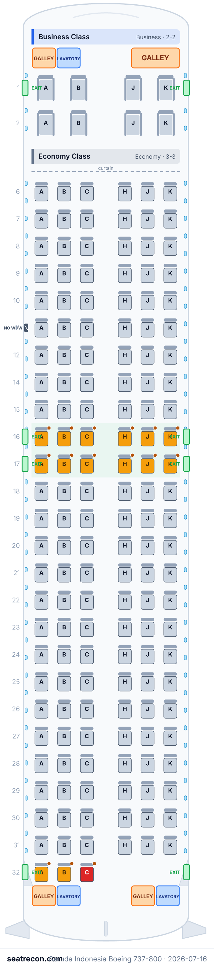 Garuda Indonesia Boeing 737-800 seat map diagram — Business Class, Economy Class (161 seats)