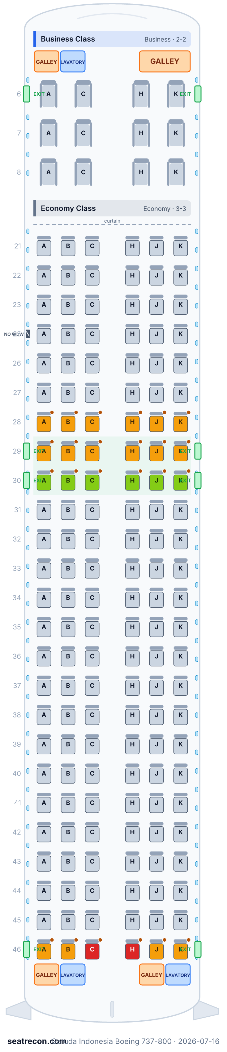 Garuda Indonesia Boeing 737-800 seat map diagram — Business Class, Economy Class (162 seats)