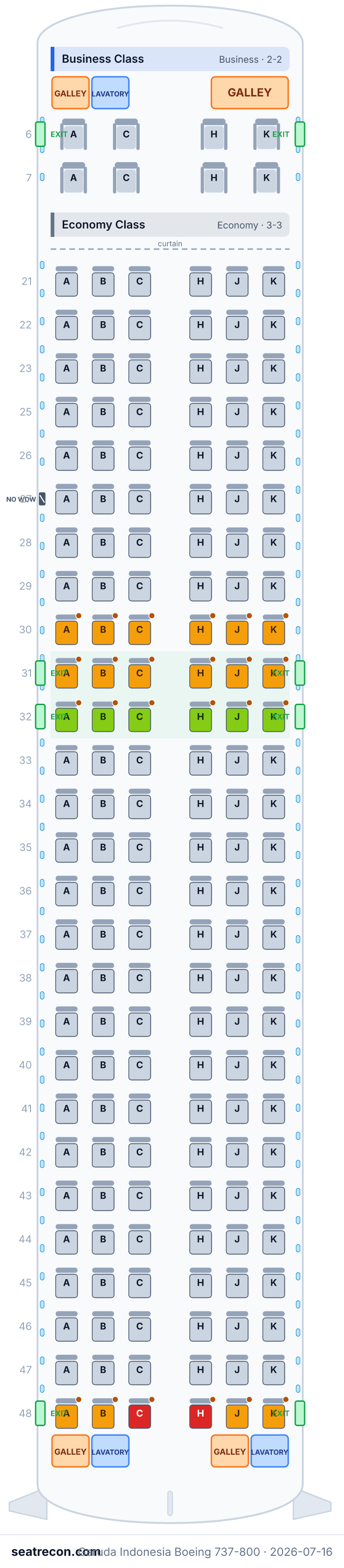 Garuda Indonesia Boeing 737-800 seat map diagram — Business Class, Economy Class (170 seats)