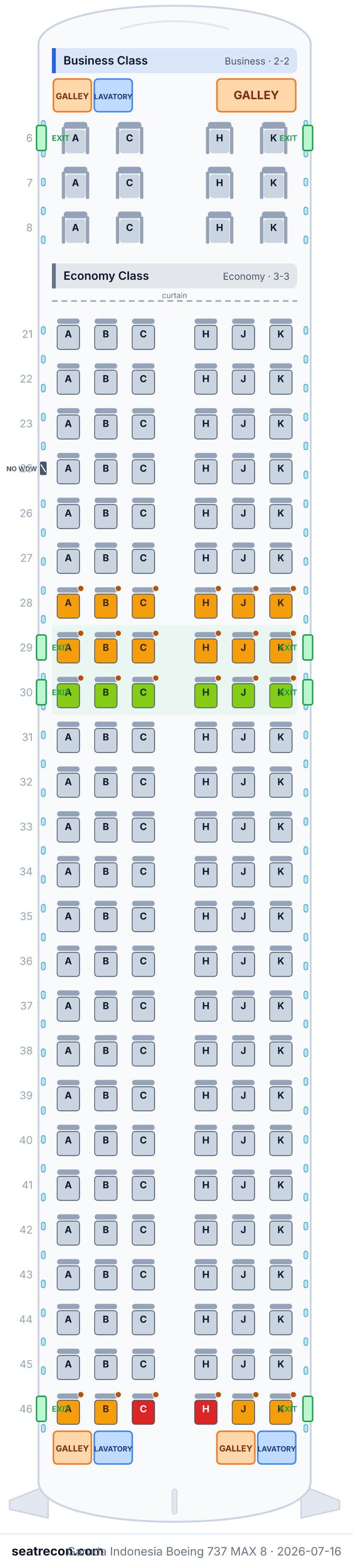 Garuda Indonesia Boeing 737 MAX 8 seat map diagram — Business Class, Economy Class (162 seats)