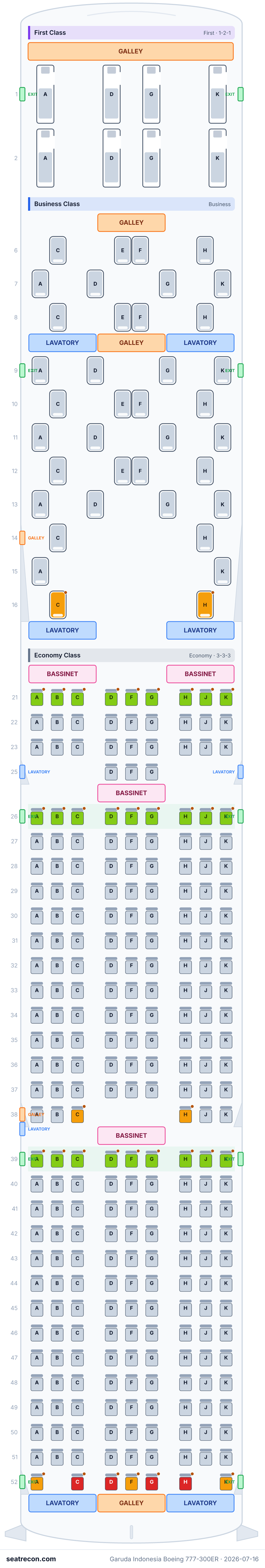Garuda Indonesia Boeing 777-300ER seat map diagram — First Class, Business Class, Economy Class (314 seats)
