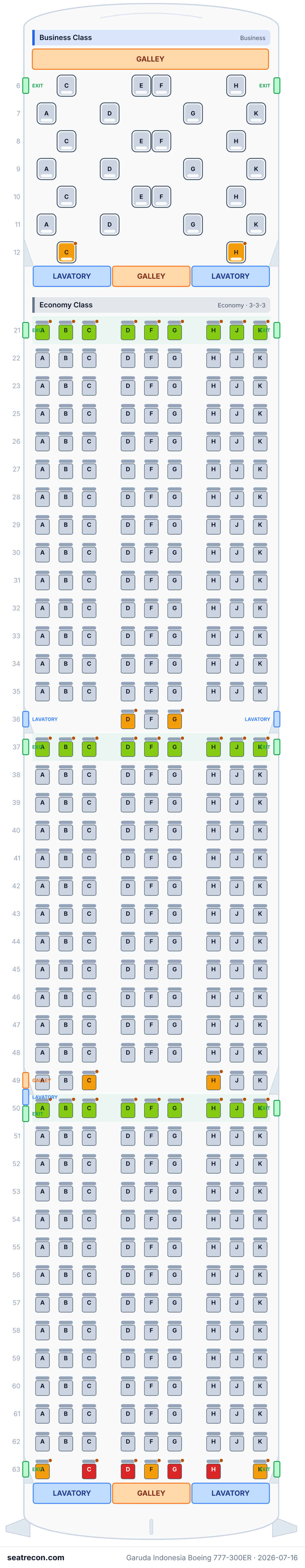 Garuda Indonesia Boeing 777-300ER seat map diagram — Business Class, Economy Class (393 seats)