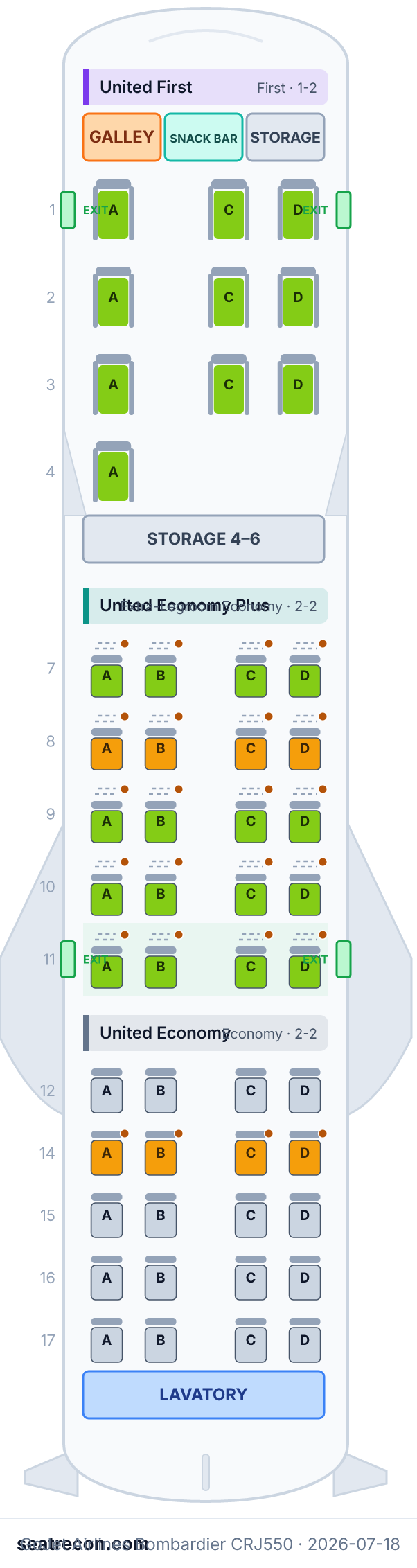 GoJet Airlines Bombardier CRJ550 seat map diagram — United First, United Economy Plus, United Economy (50 seats)