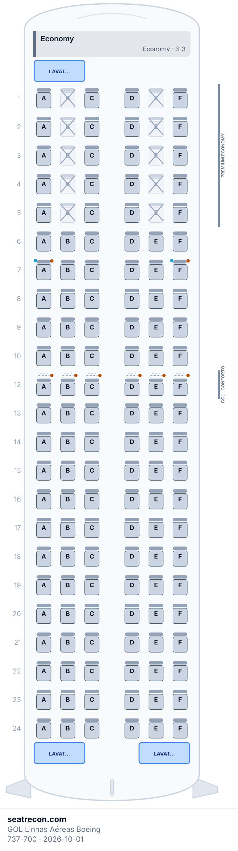 Diagrama del mapa de asientos del Boeing 737-700 de GOL Linhas Aéreas — Economy (138 asientos)
