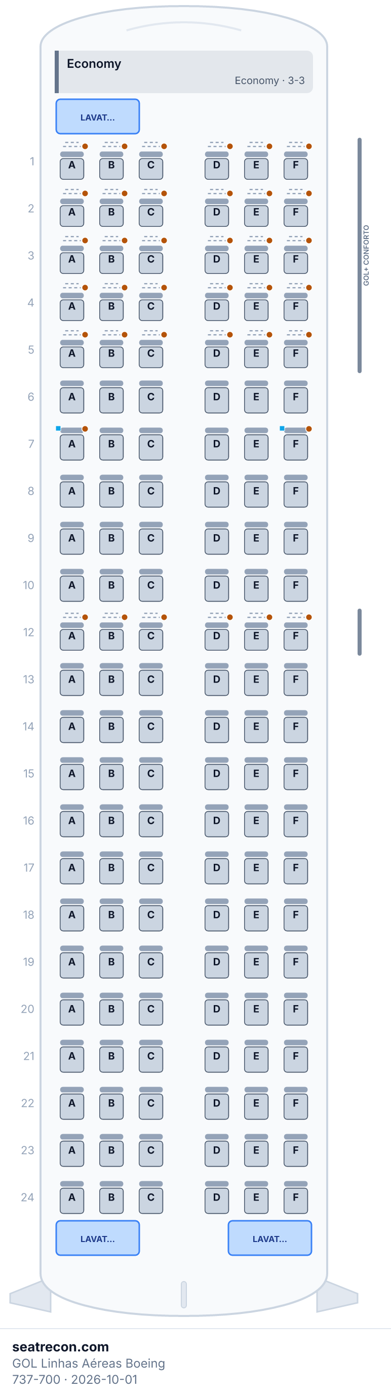 Diagrama del mapa de asientos del Boeing 737-700 de GOL Linhas Aéreas — Economy (138 asientos)