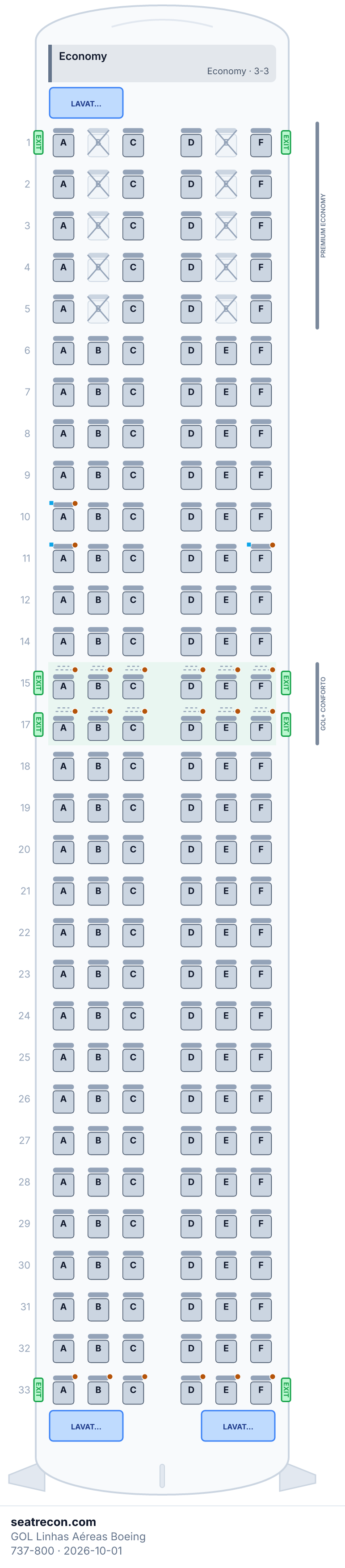 Diagrama del mapa de asientos del Boeing 737-800 de GOL Linhas Aéreas — Economy (186 asientos)