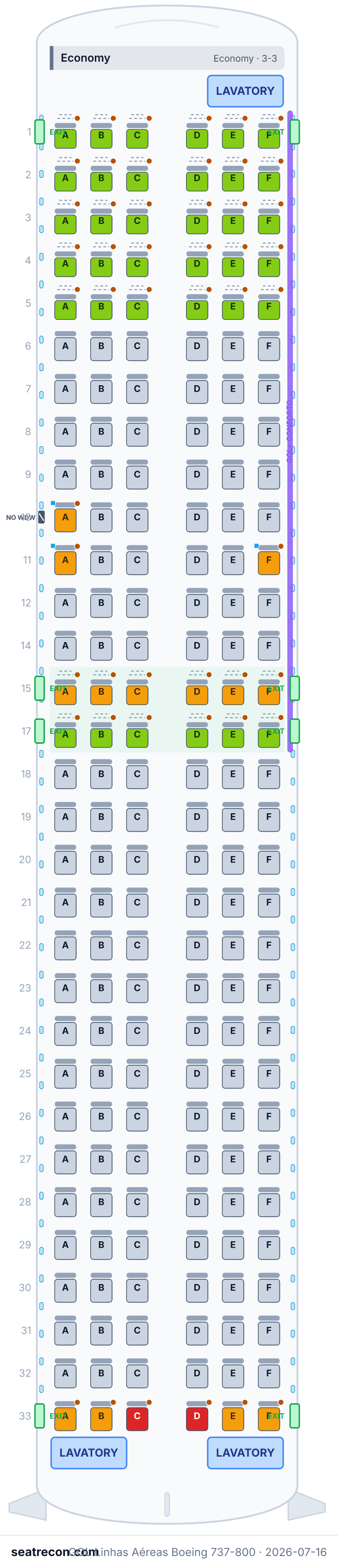 GOL Linhas Aéreas Boeing 737-800 seat map diagram — Economy (186 seats)