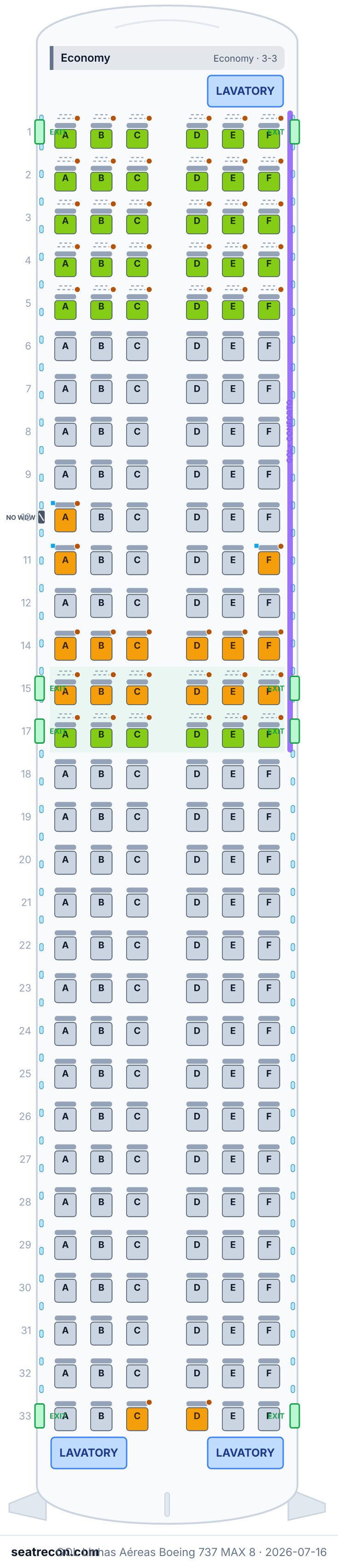 GOL Linhas Aéreas Boeing 737 MAX 8 seat map diagram — Economy (186 seats)