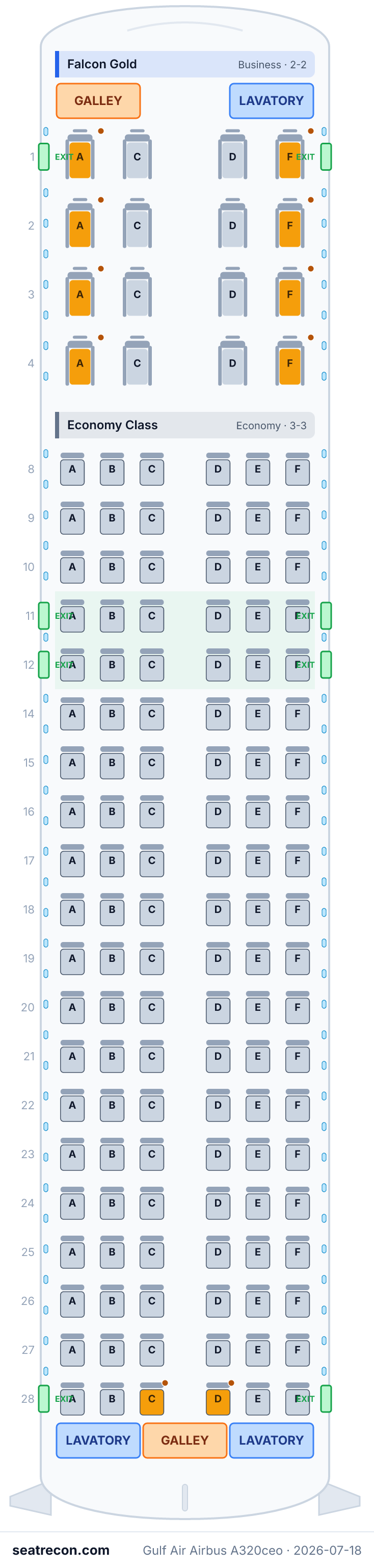 Gulf Air Airbus A320ceo seat map diagram — Falcon Gold, Economy Class (136 seats)