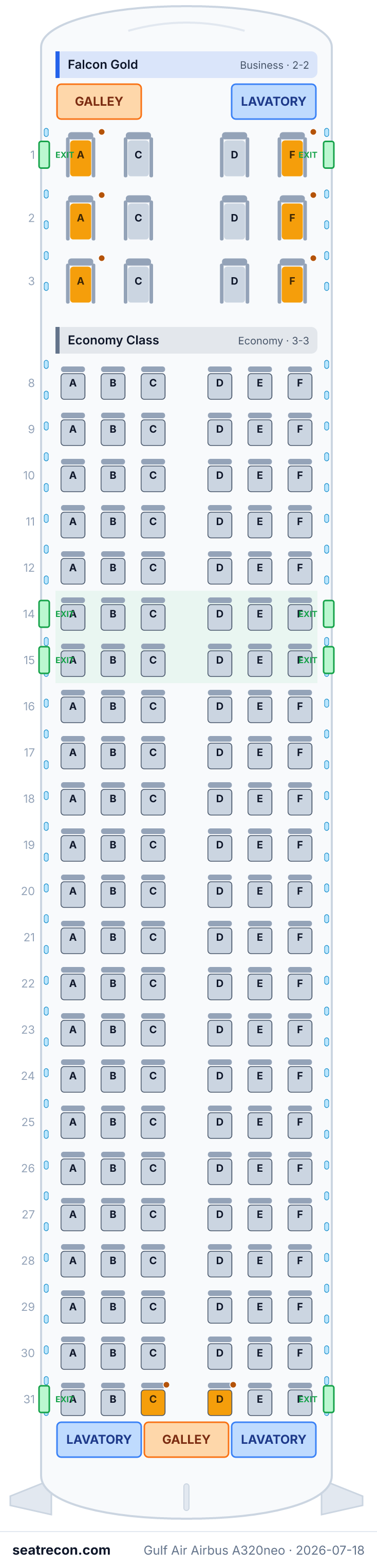 Gulf Air Airbus A320neo seat map diagram — Falcon Gold, Economy Class (150 seats)