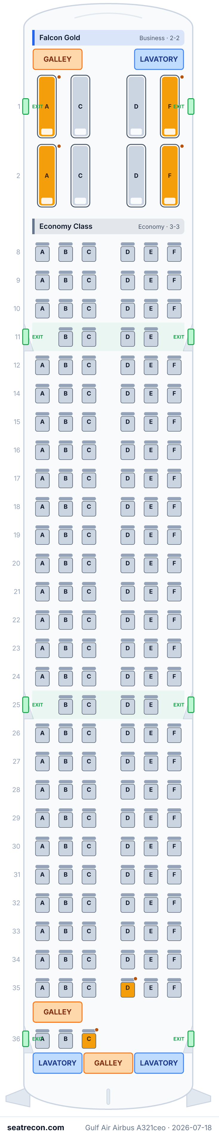 Gulf Air Airbus A321ceo seat map diagram — Falcon Gold, Economy Class (169 seats)