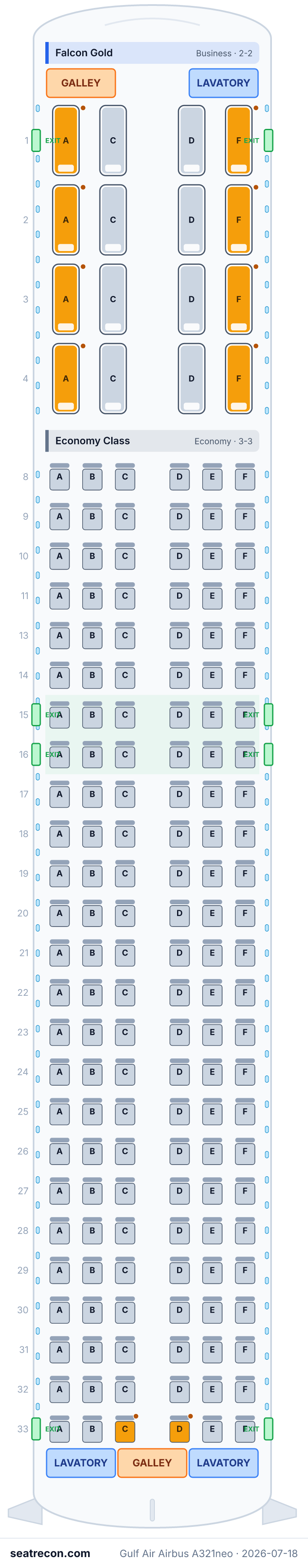 Gulf Air Airbus A321neo seat map diagram — Falcon Gold, Economy Class (166 seats)