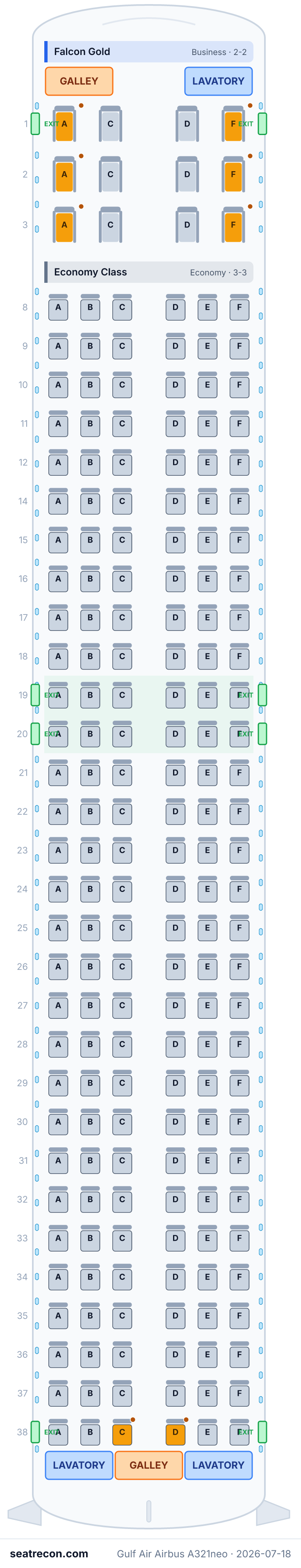 Gulf Air Airbus A321neo seat map diagram — Falcon Gold, Economy Class (192 seats)