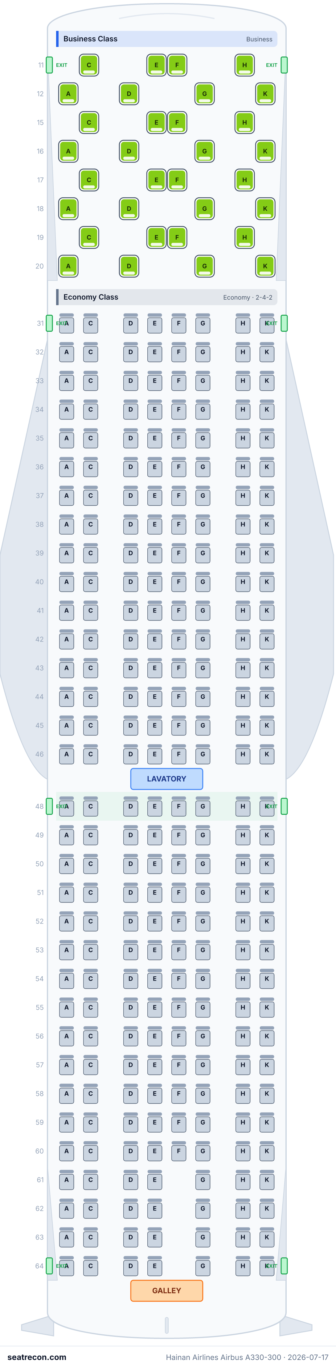 Hainan Airlines Airbus A330-300 seat map diagram — Business Class, Economy Class (292 seats)