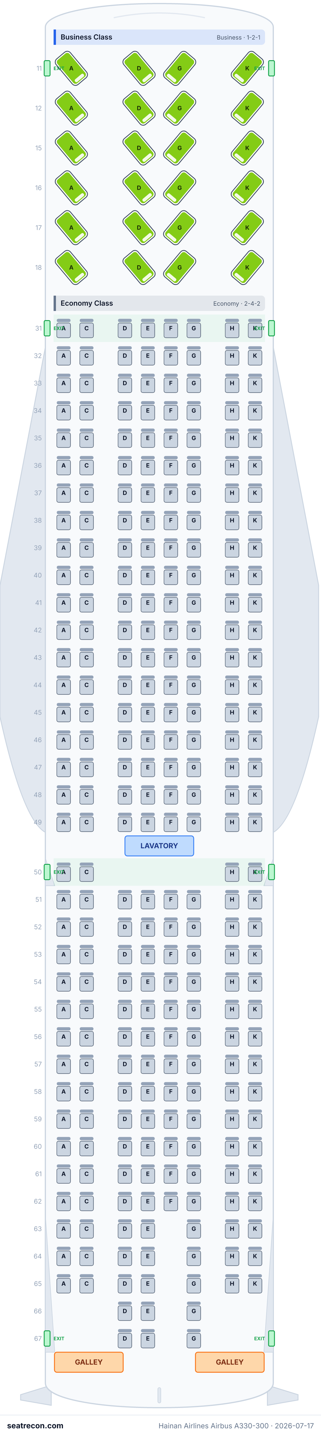 Hainan Airlines Airbus A330-300 seat map diagram — Business Class, Economy Class (303 seats)