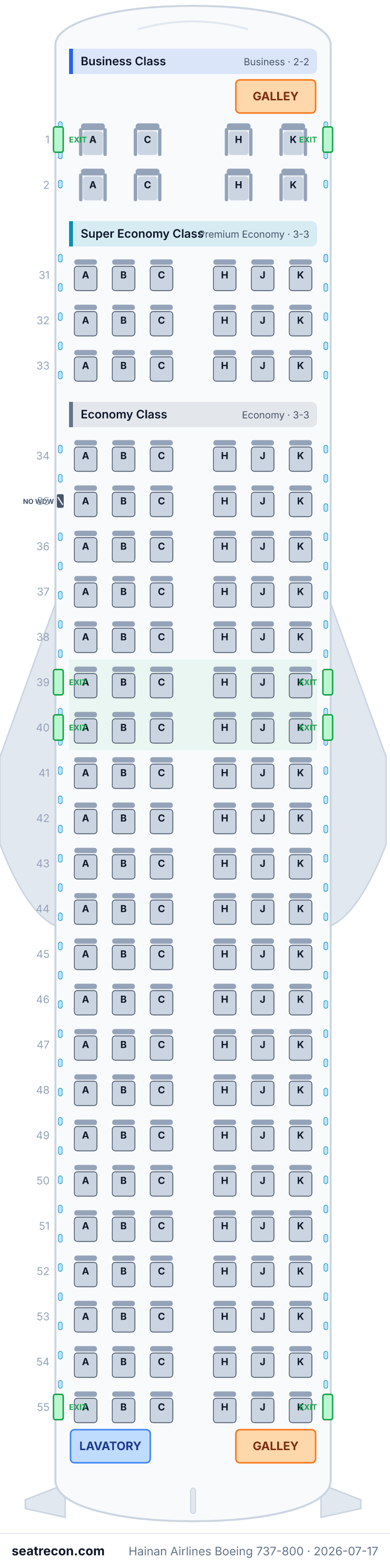 Hainan Airlines Boeing 737-800 seat map diagram — Business Class, Super Economy Class, Economy Class (158 seats)