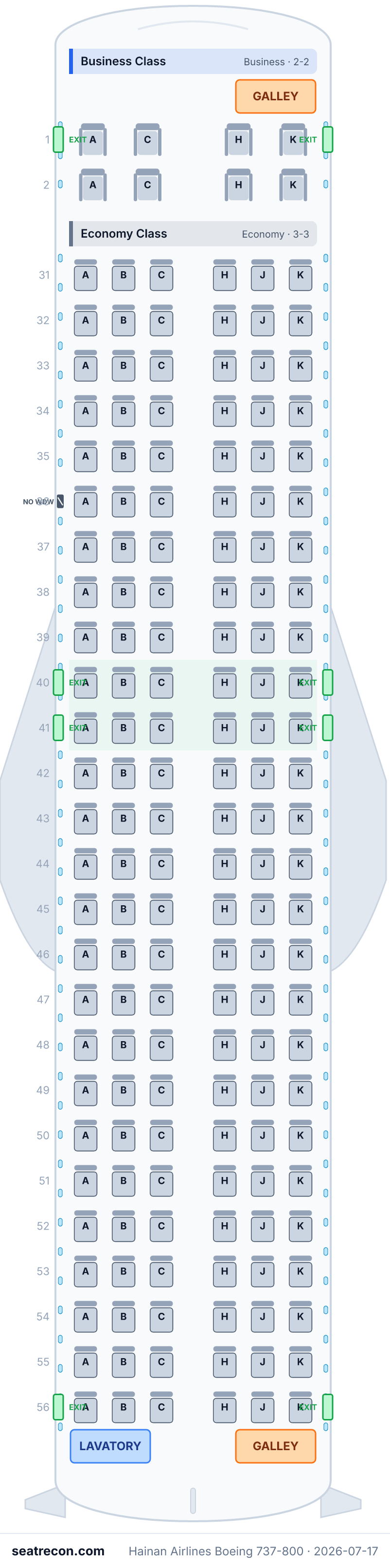 Hainan Airlines Boeing 737-800 seat map diagram — Business Class, Economy Class (164 seats)