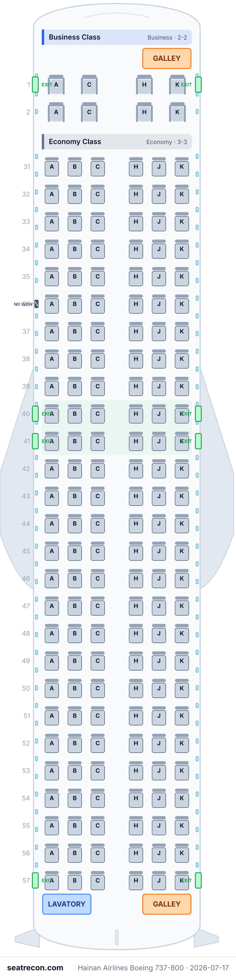 Hainan Airlines Boeing 737-800 seat map diagram — Business Class, Economy Class (170 seats)