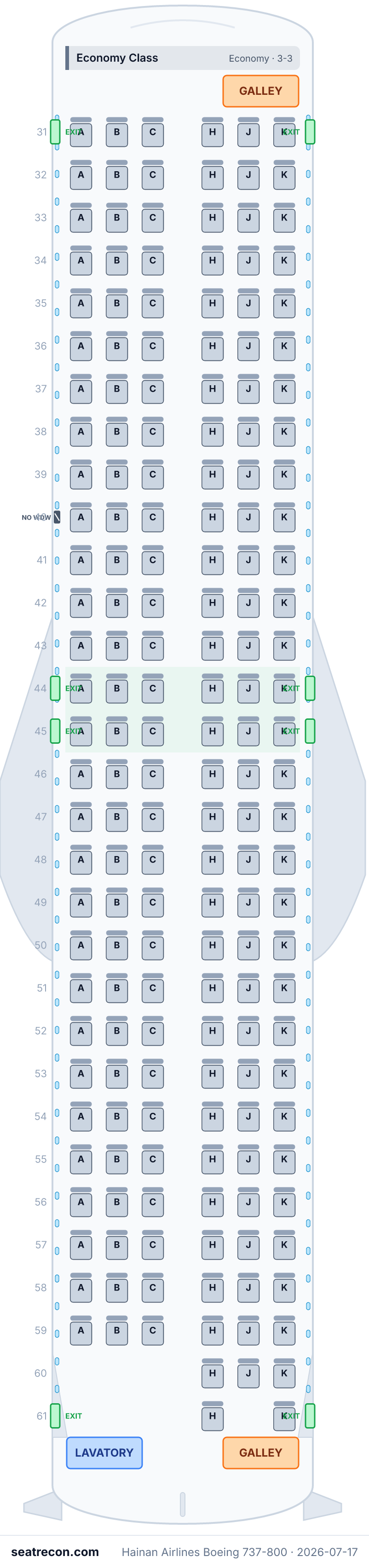 Hainan Airlines Boeing 737-800 seat map diagram — Economy Class (179 seats)