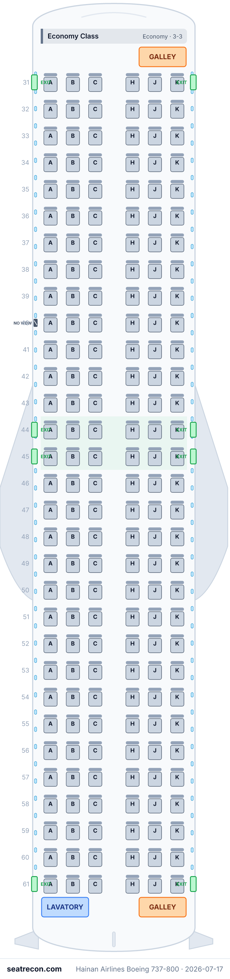 Hainan Airlines Boeing 737-800 seat map diagram — Economy Class (186 seats)