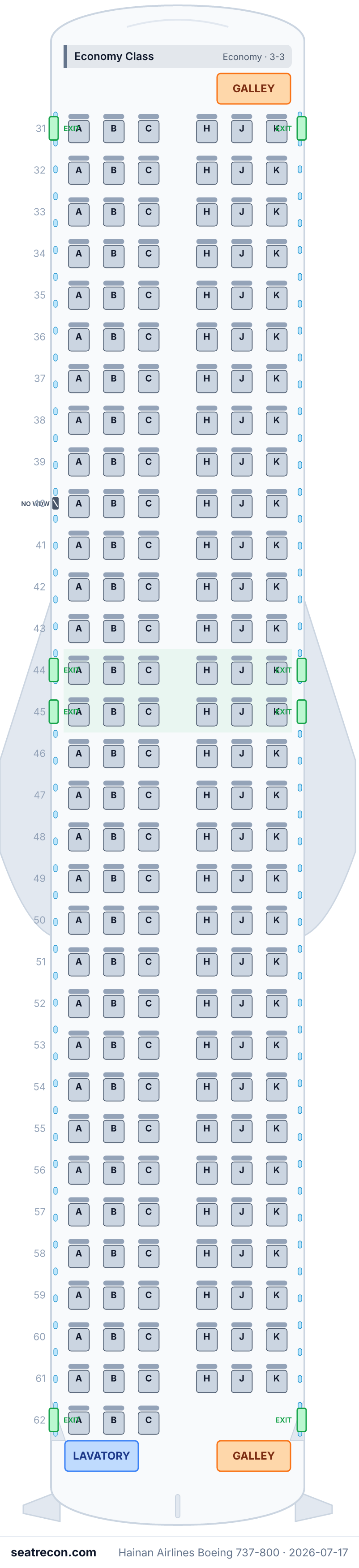 Hainan Airlines Boeing 737-800 seat map diagram — Economy Class (189 seats)