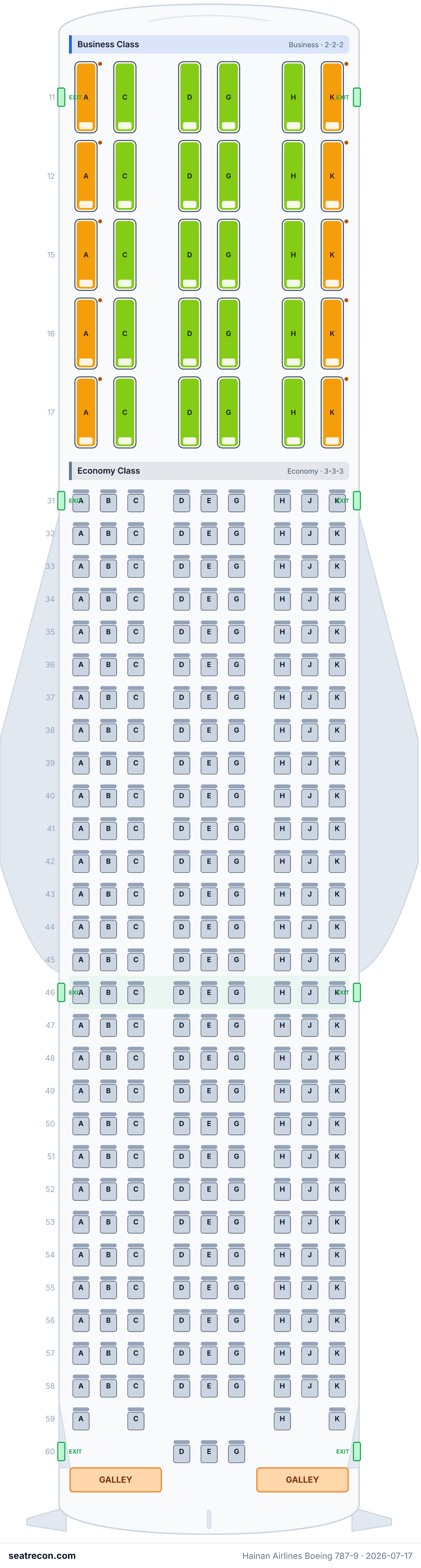 Hainan Airlines Boeing 787-9 seat map diagram — Business Class, Economy Class (289 seats)