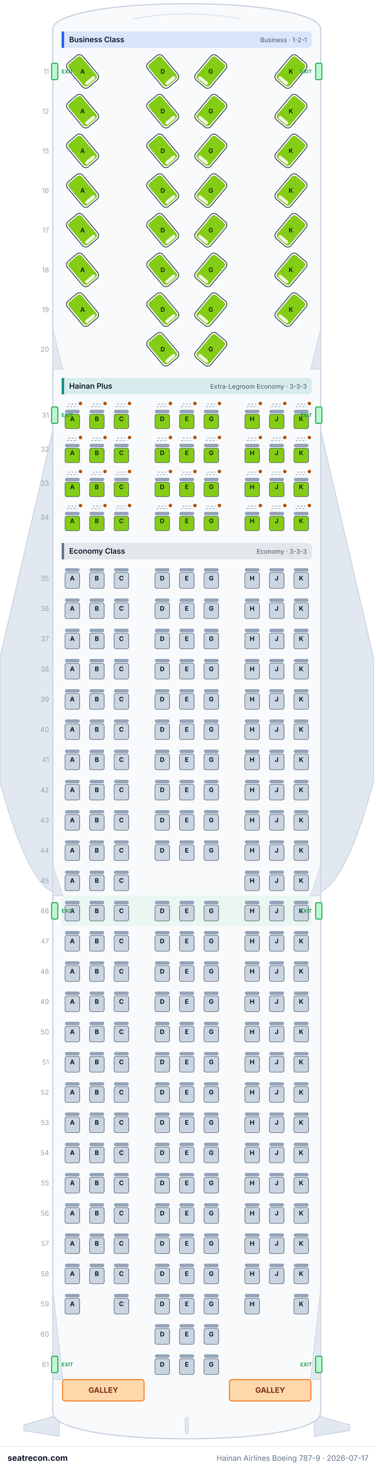 Hainan Airlines Boeing 787-9 seat map diagram — Business Class, Hainan Plus, Economy Class (292 seats)