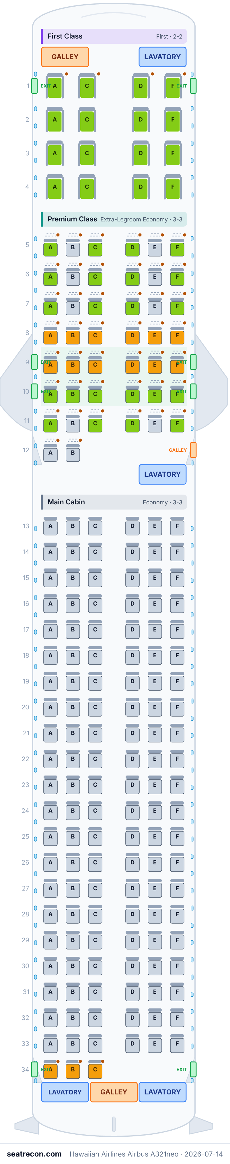 Hawaiian Airlines Airbus A321neo seat map diagram — First Class, Premium Class, Main Cabin (189 seats)