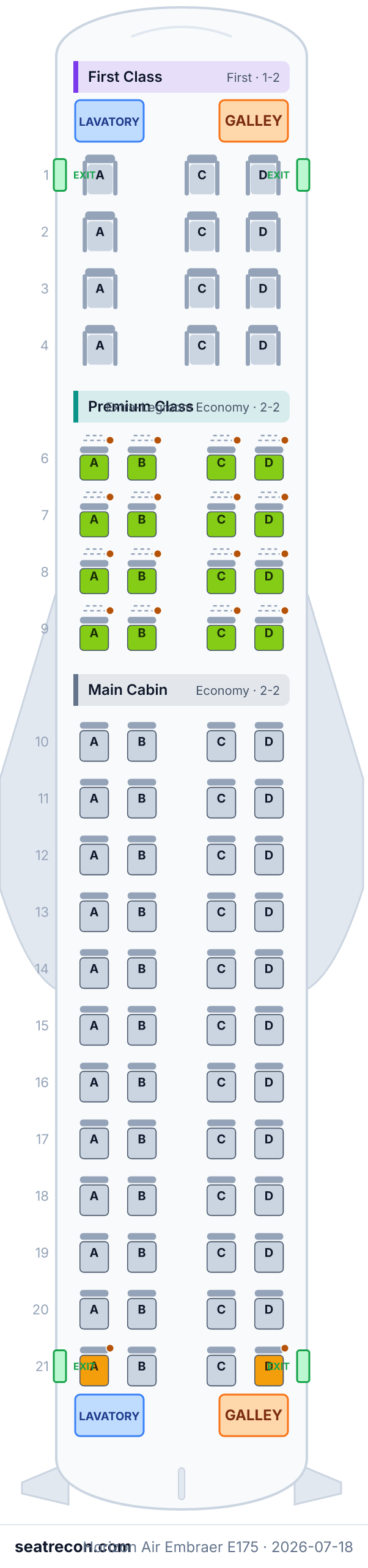 Horizon Air Embraer E175 seat map diagram — First Class, Premium Class, Main Cabin (76 seats)