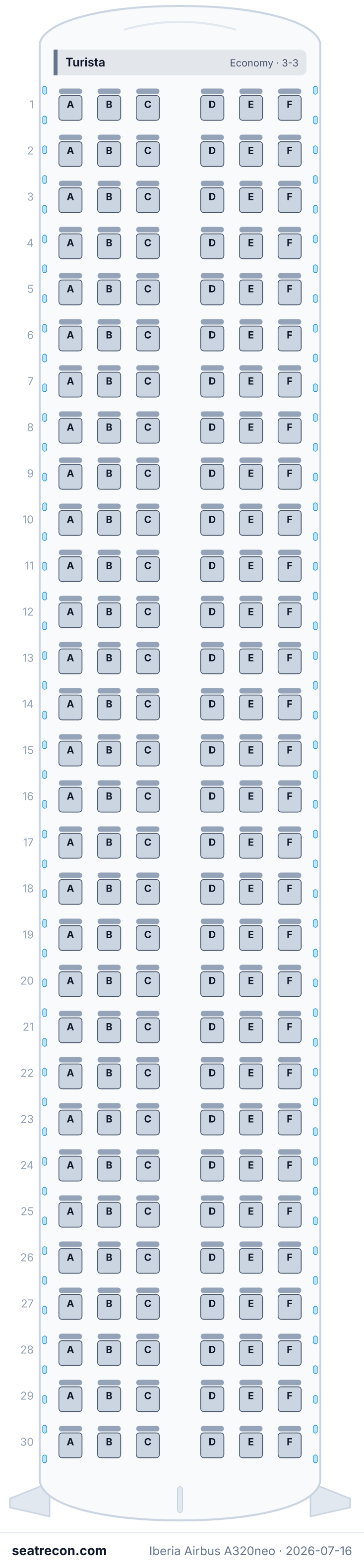 Iberia Airbus A320neo seat map diagram — Turista (180 seats)