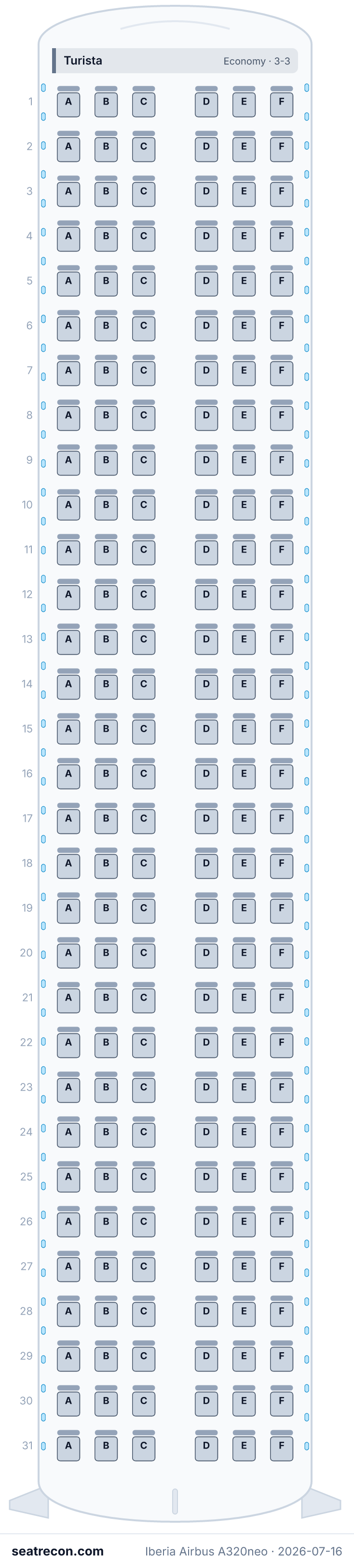 Iberia Airbus A320neo seat map diagram — Turista (186 seats)