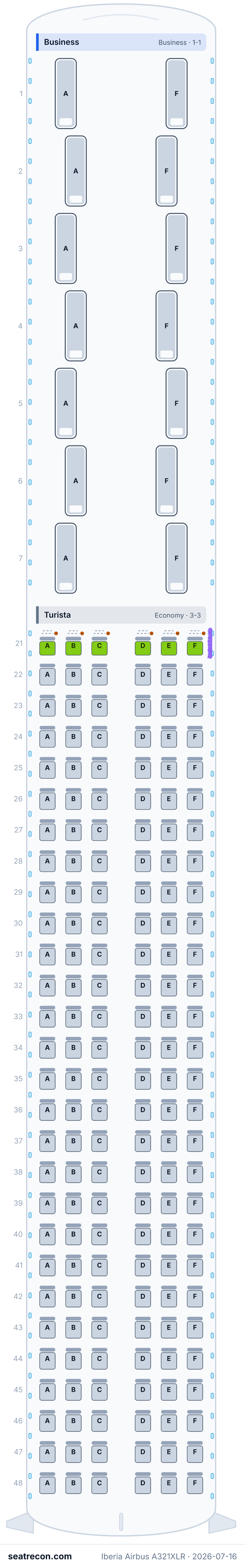 Iberia Airbus A321XLR seat map diagram — Business, Turista (182 seats)