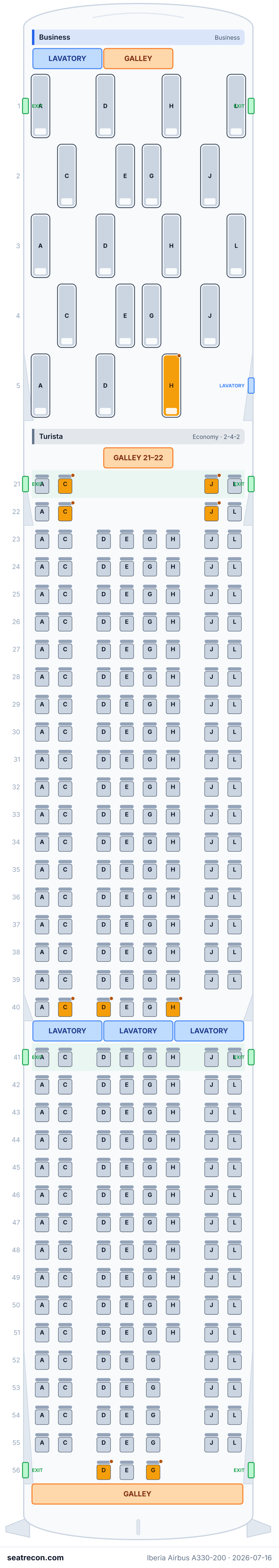 Iberia Airbus A330-200 seat map diagram — Business, Turista (288 seats)